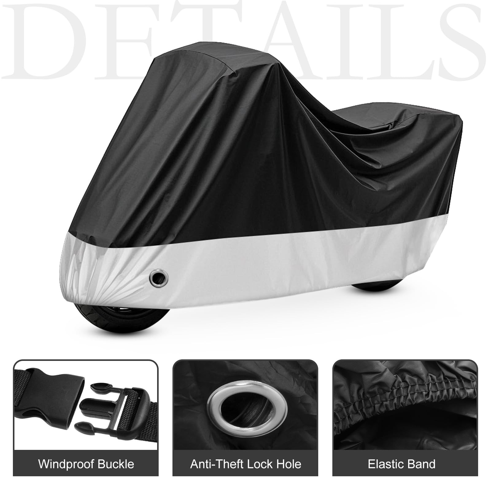 Waterproof Motorcycle Cover Black Fits Up to 91" w/ Lock Holes
