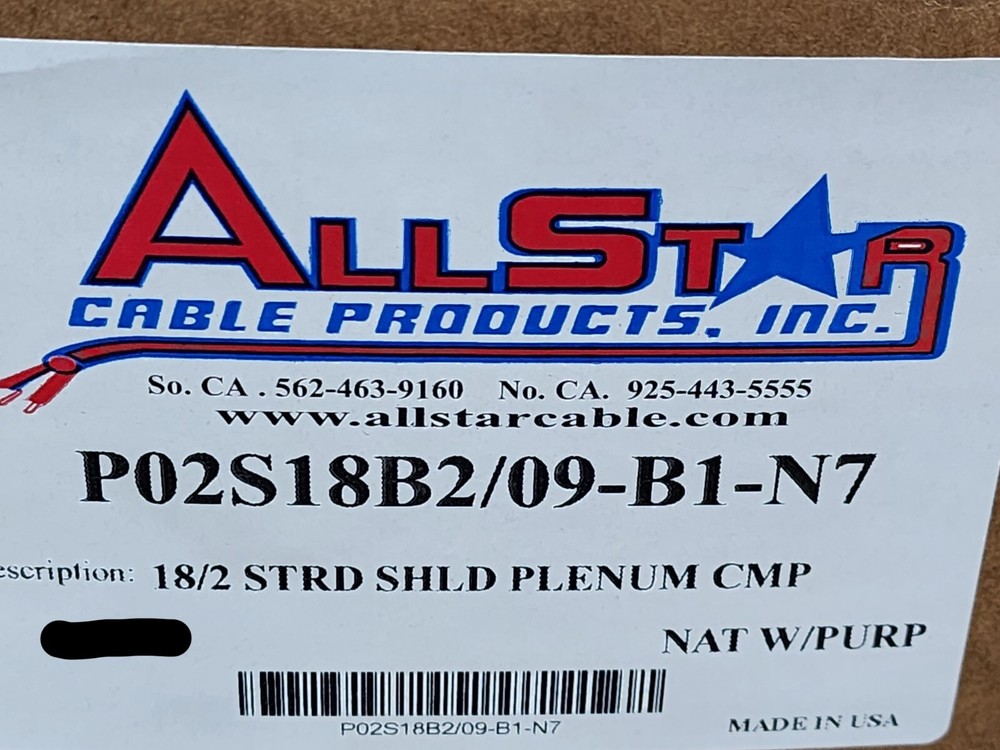 All Star Cable 18/2C Shielded Plenum Control/Security Cable White/Purple /100ft