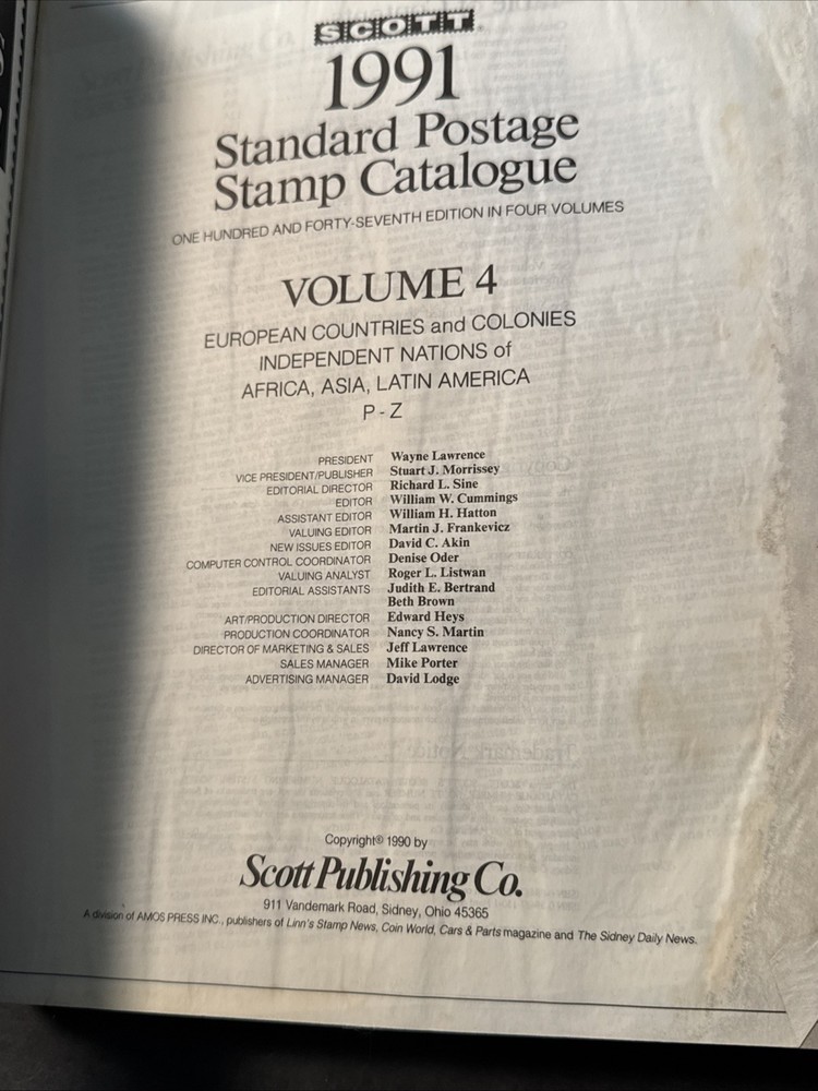 1991 Scott Standard Postage Stamp Catalogue Volume 1 Used