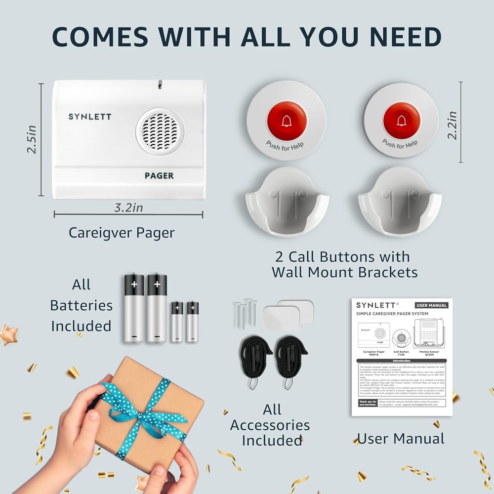 Wireless Caregiver Pager System with SOS Alert: 2 Call Buttons, 500 ft Range