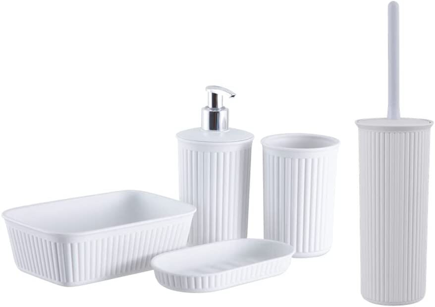 Superio Decorative Ribbed Bathroom Accessory Set, Plastic - White (5 Pack)
