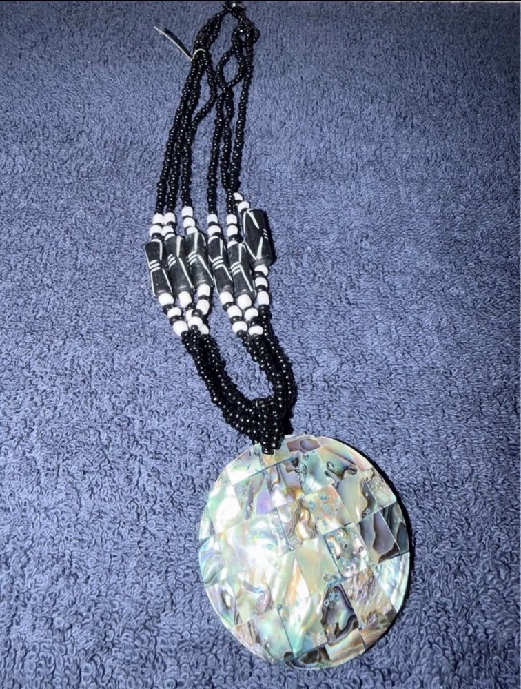Black Beaded Necklace Round Abalone Shell Pendant Multicolor