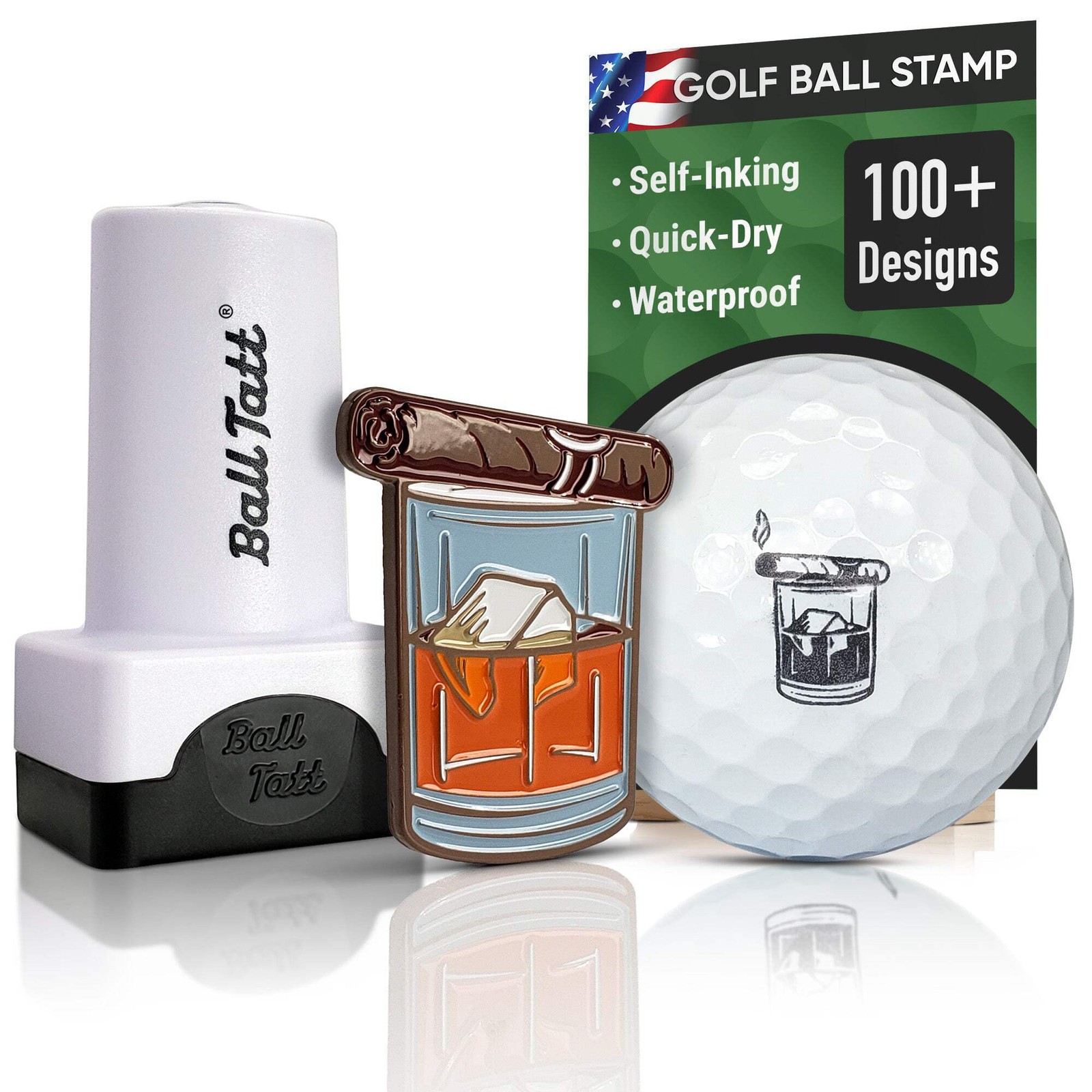 Ball Tatt - Whiskey Cigar Golf Ball Stamp Self-Inking with XL Metal Ball Marker