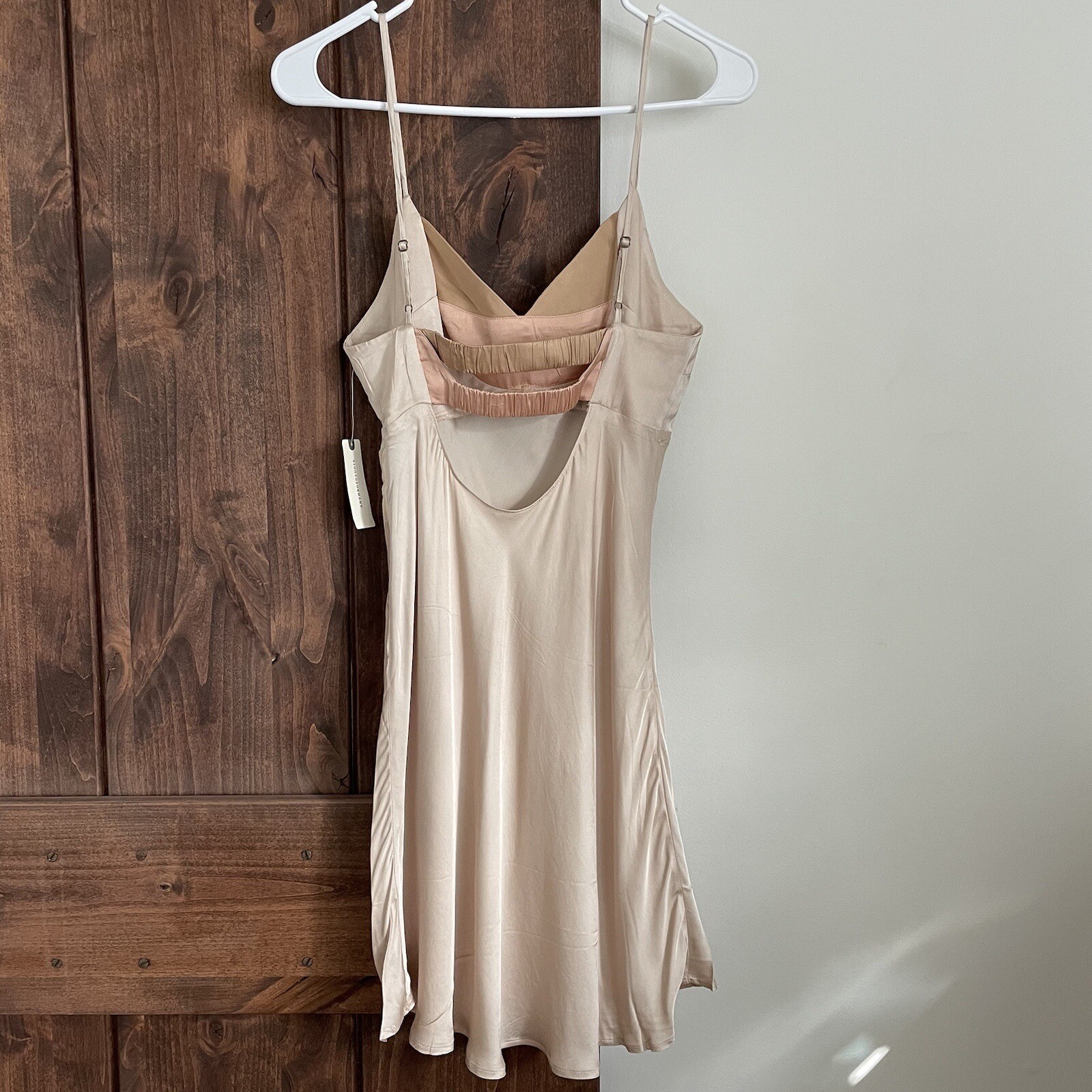 NWT Anthropologie Colorblock Slip Dress Satin Medium Mini Short Cream Beige New