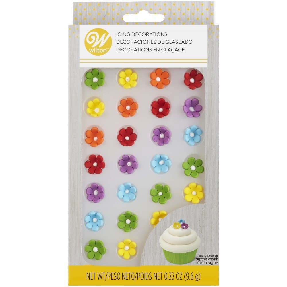 Mini Daisy Royal Icing Decorations Rainbow Design 32-Piece Set for Cake Cookie