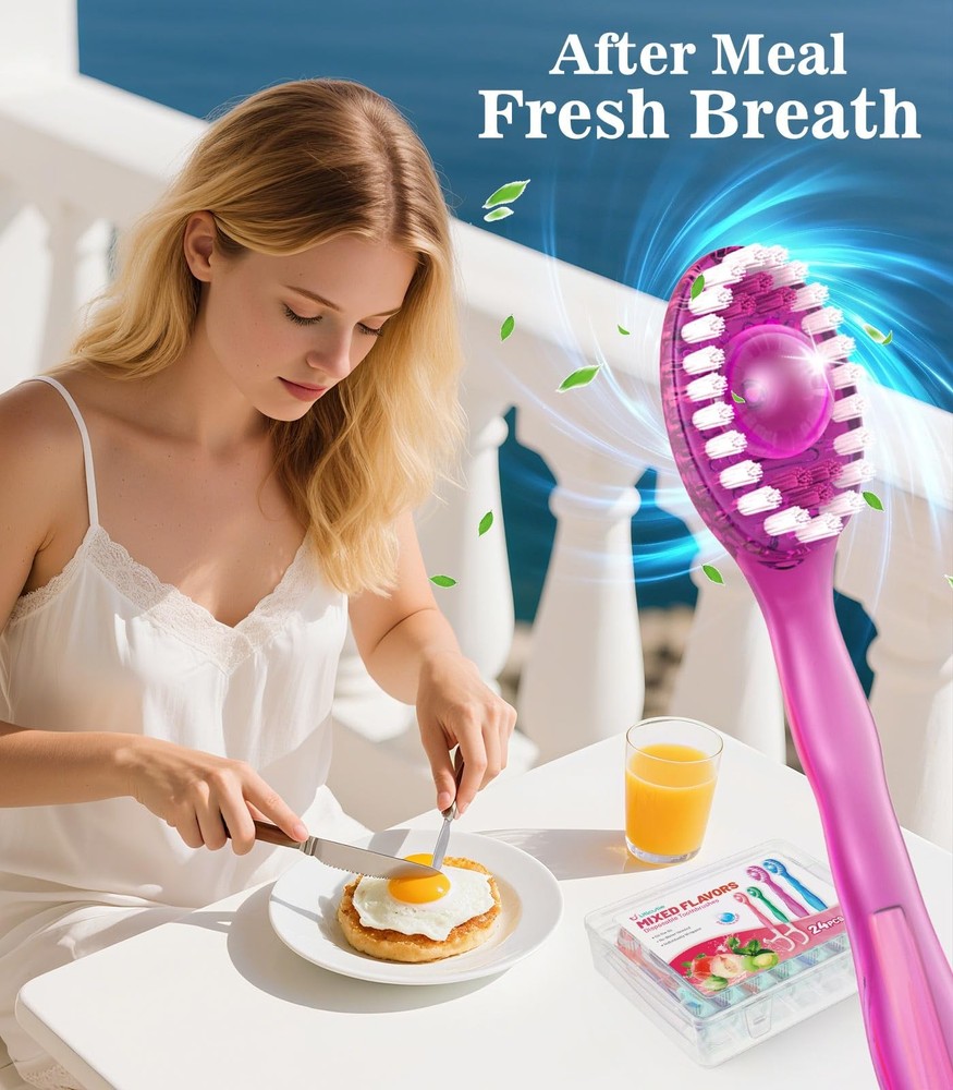 24 Pack 5-in-1 Disposable Toothbrushes with Toothpaste, Floss, and Scraper