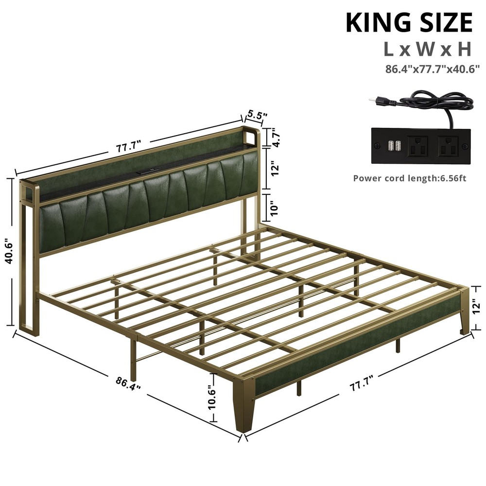 King Bed Frame, Storage Headboard with Charging Station, Solid and Stable, No...
