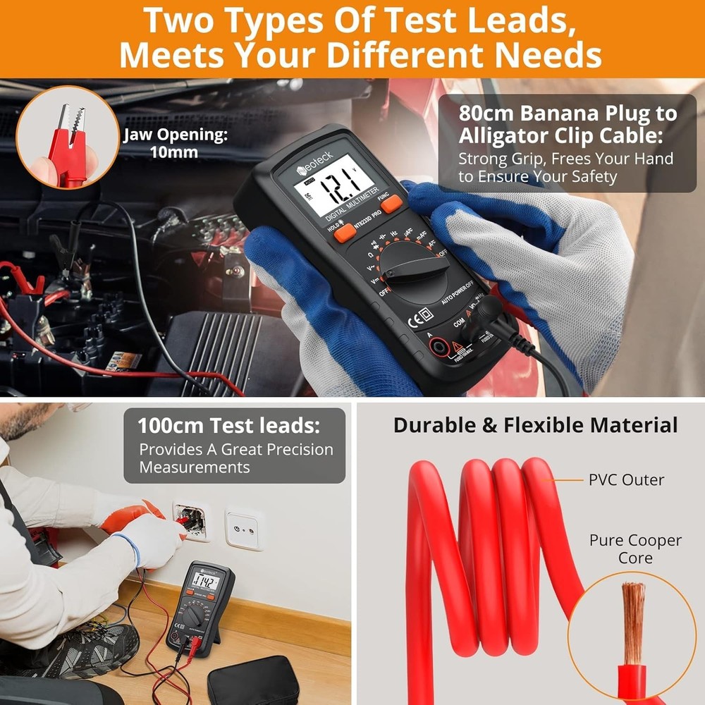 Battery Powered Digital Multimeter with Large Backlit LCD Display and Leads