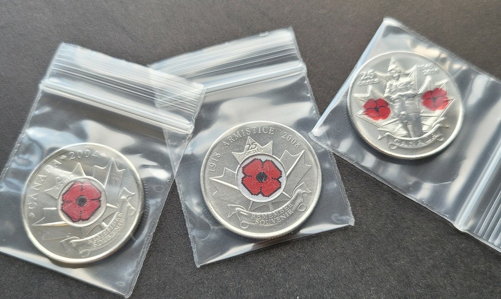 *** CANADA  25 CENTS  2004-2008- 2010  COLORED  POPPYS  ** FROM  MINT ROLLS **
