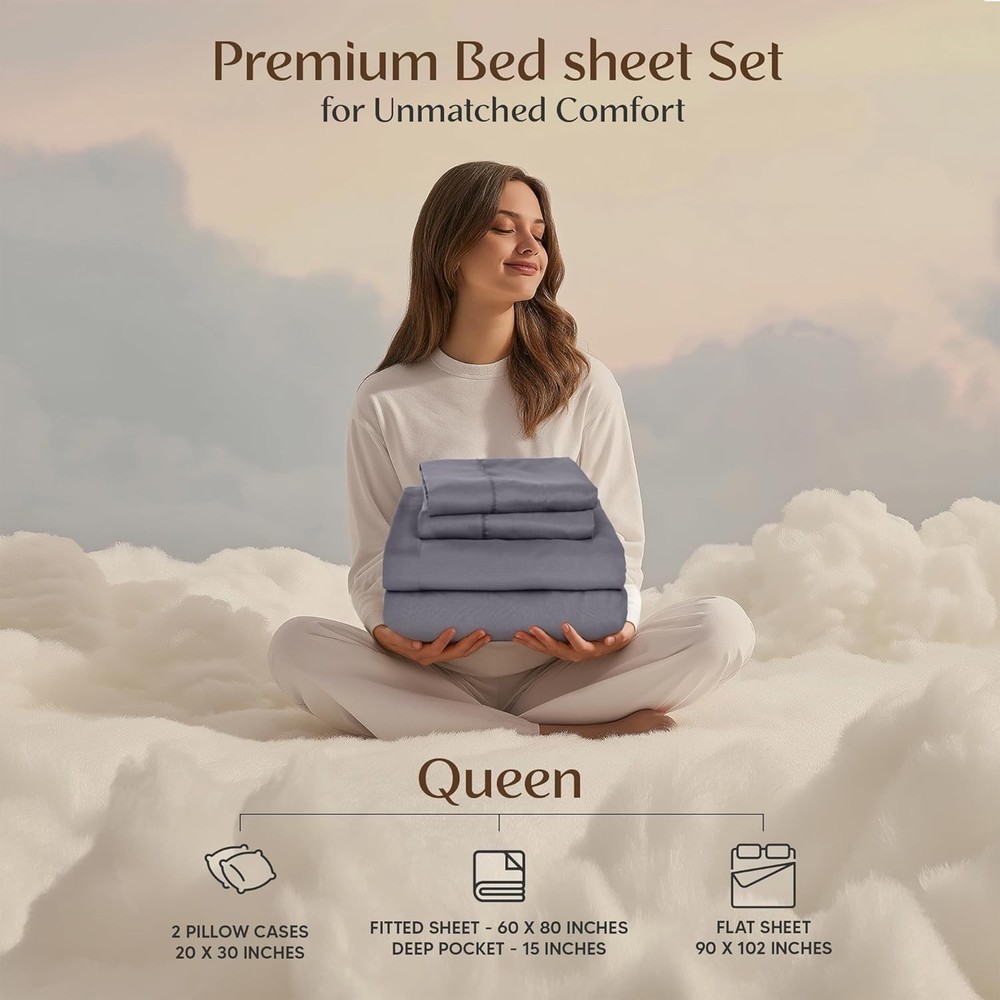 Utopia Bedding Queen Sheet Set 4 PC | Soft Microfiber Deep Pocket Grey