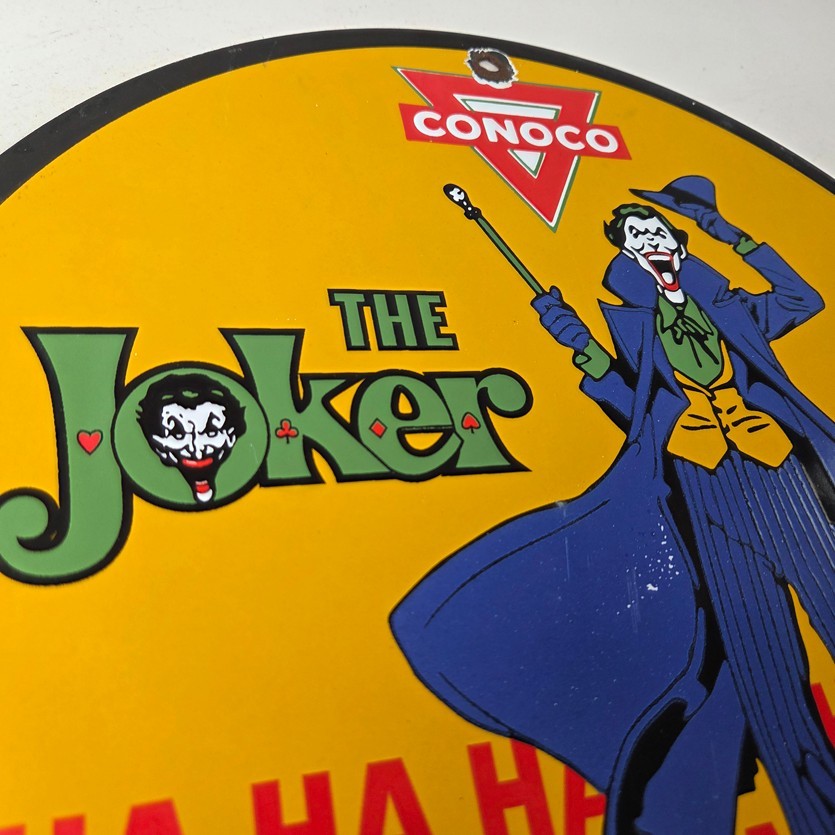Vintage Conoco Gasoline Porcelain Sign - Joker Batman N-Tane Comic Gas Pump Sign