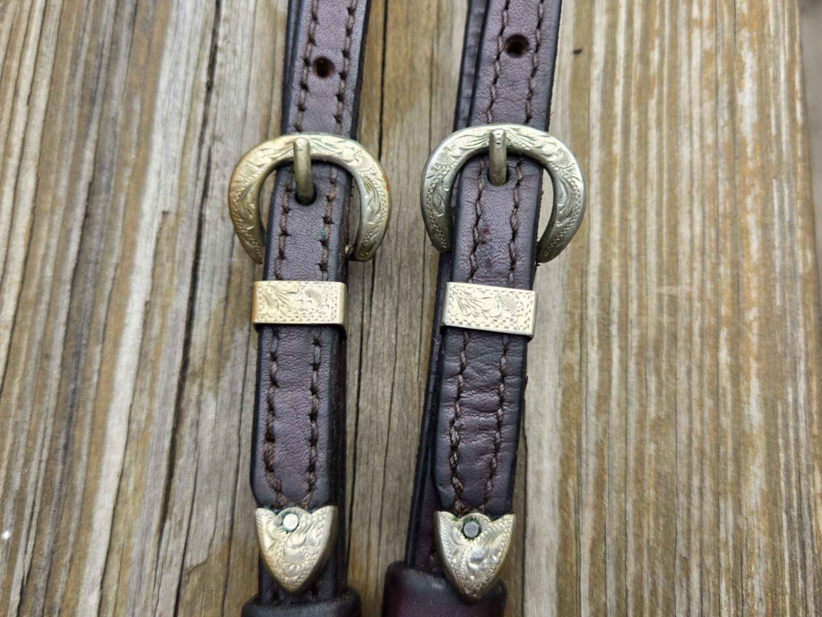 VINTAGE Doubled Stitched Brown Leather MEXICO SILVER Buckle Sets Western Hobbles