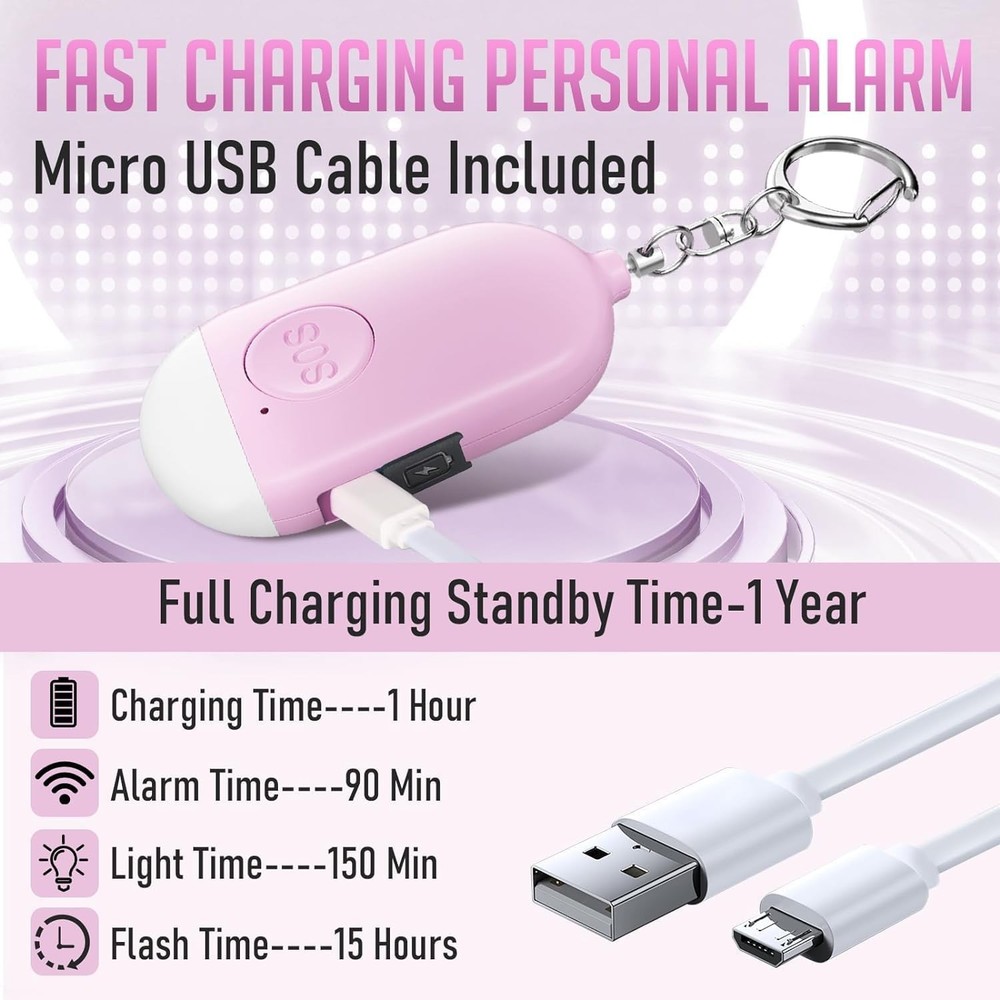 3-Pack Rechargeable Personal Safety Alarm with Strobe LED Flashlight