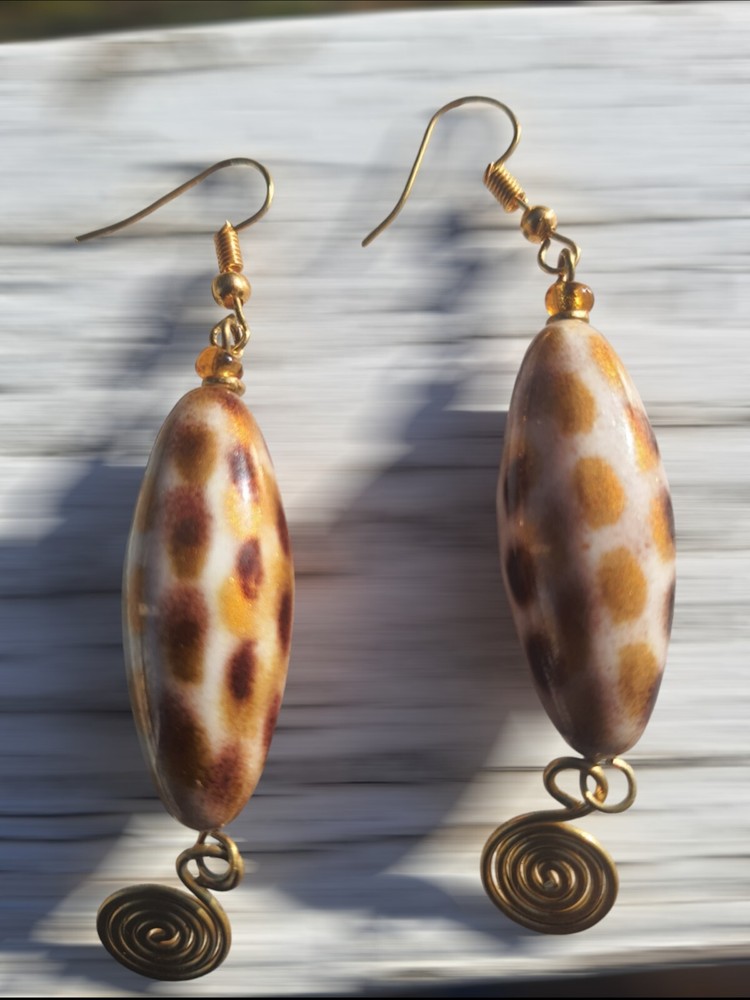 Lady Earrings Brown Cheetach Print On Bone Gift Idea