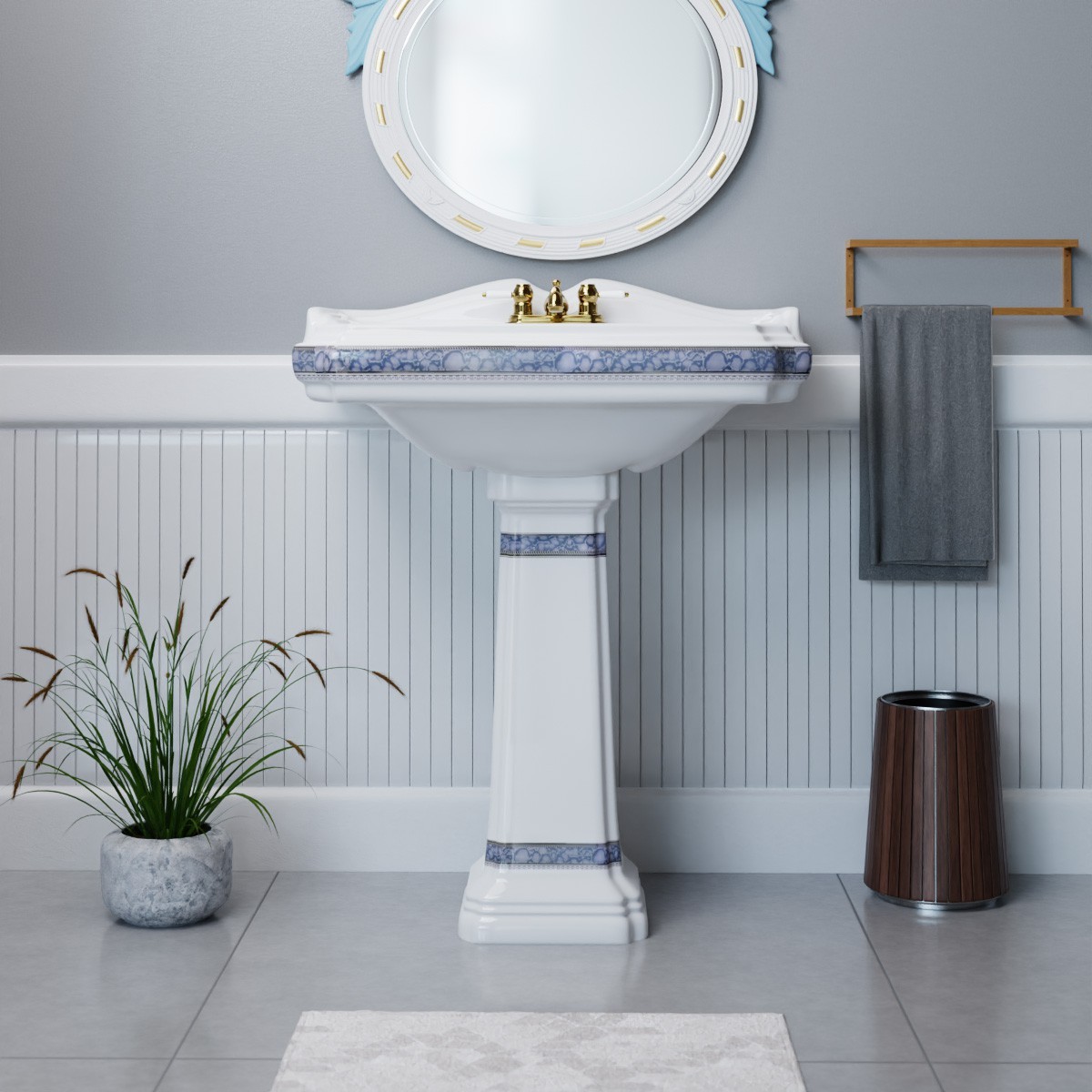 India Reserve White Bathroom Pedestal Sink Porcelain with Blue and Gold Finish