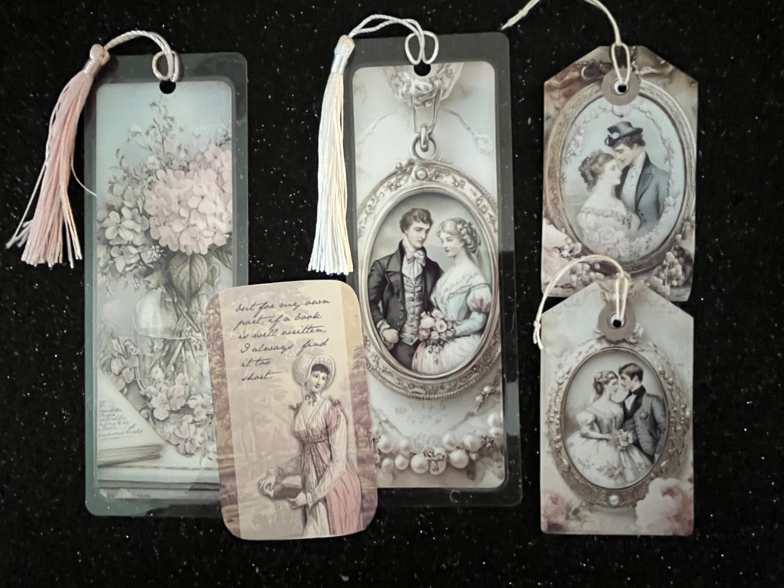 JANE AUSTEN BOOKMARK DUO , GIFT TAGS, QUOTE CARD LAMINATED WITH TASSELS