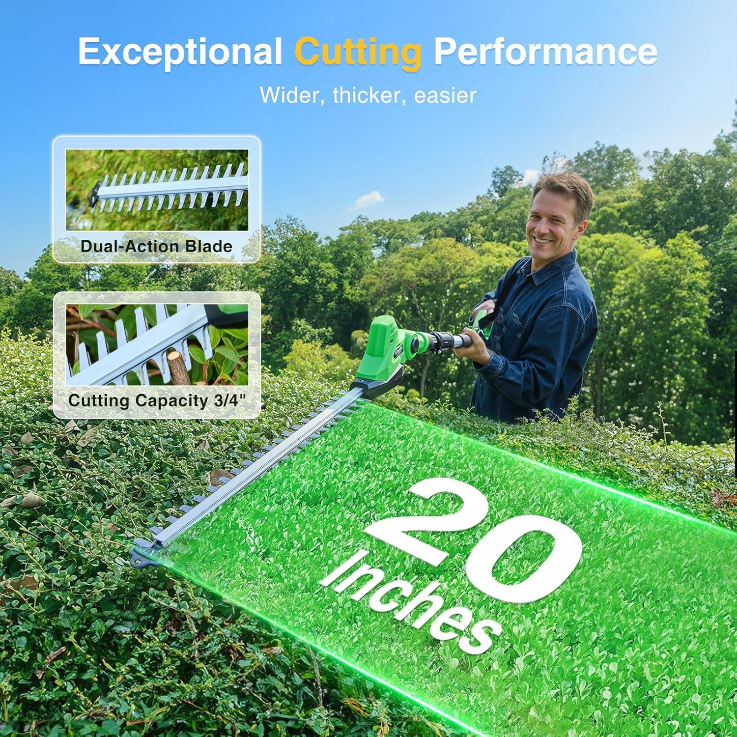 Taskstar Cordless Pole Hedge Trimmer 20" 8FT Pole 2x4000mah Dual-Action Blade