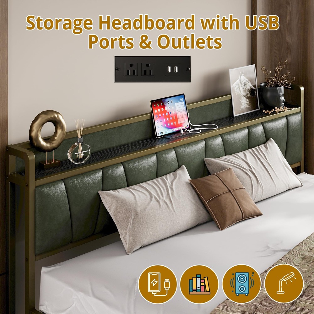 King Bed Frame, Storage Headboard with Charging Station, Solid and Stable, No...
