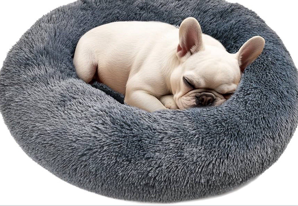 Donut Plush Pet Dog Cat 23" Bed Fluffy Soft Calming Bed Dark Gray