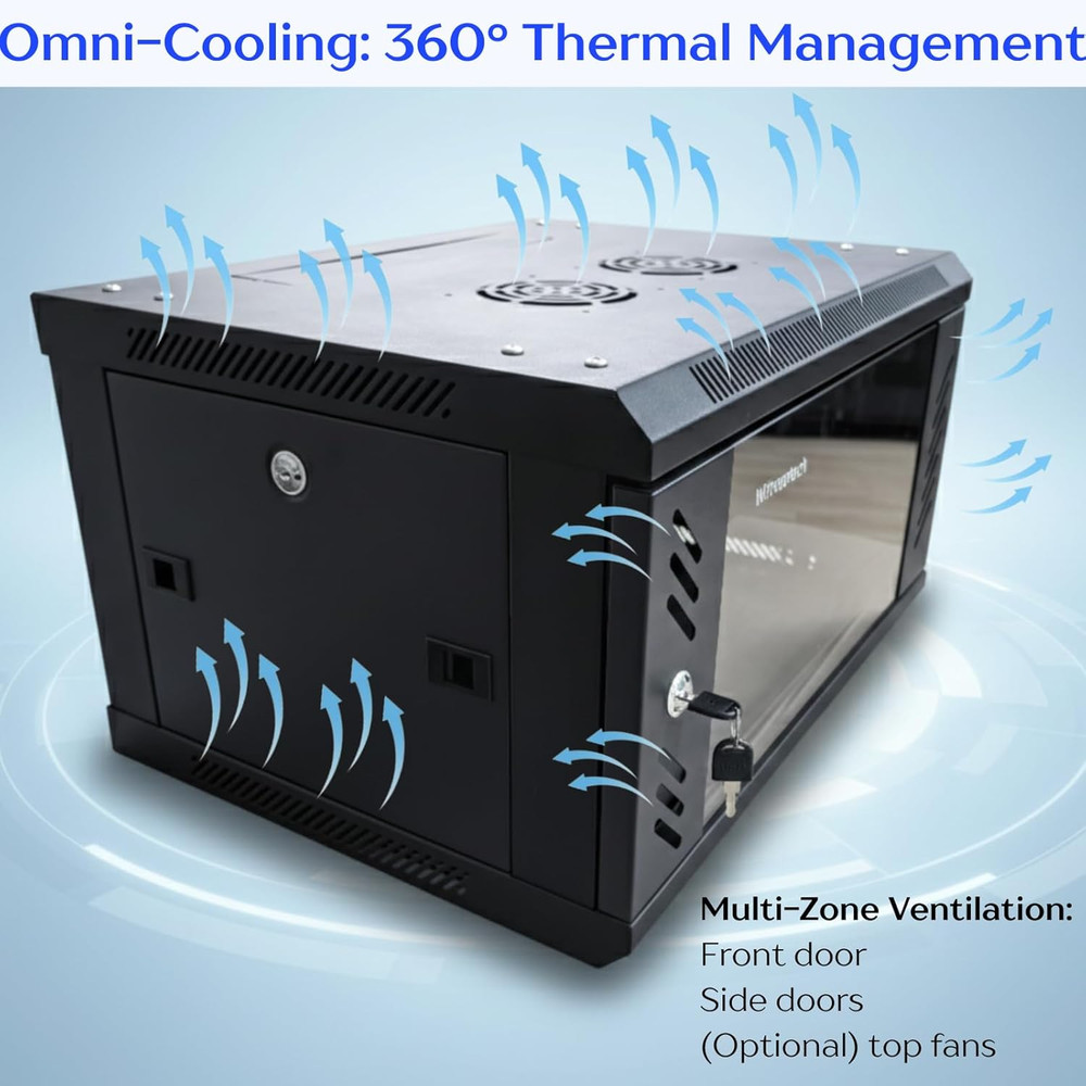 6U Wall Mount Server Cabinet with 360° Cooling & 3 Locking Doors for IT Use