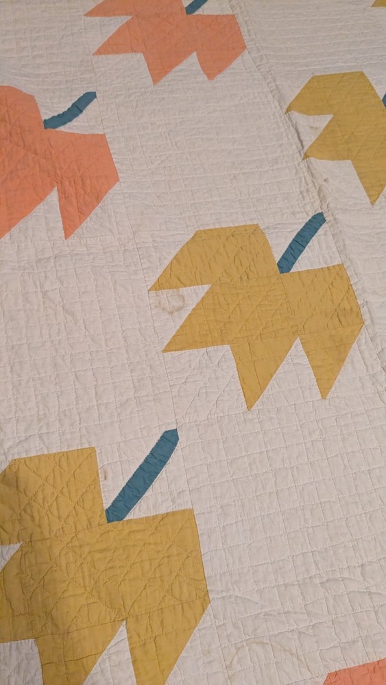 Antique Old Hand Stitched Multicolor Textile Maple Leaf Quilt 72"