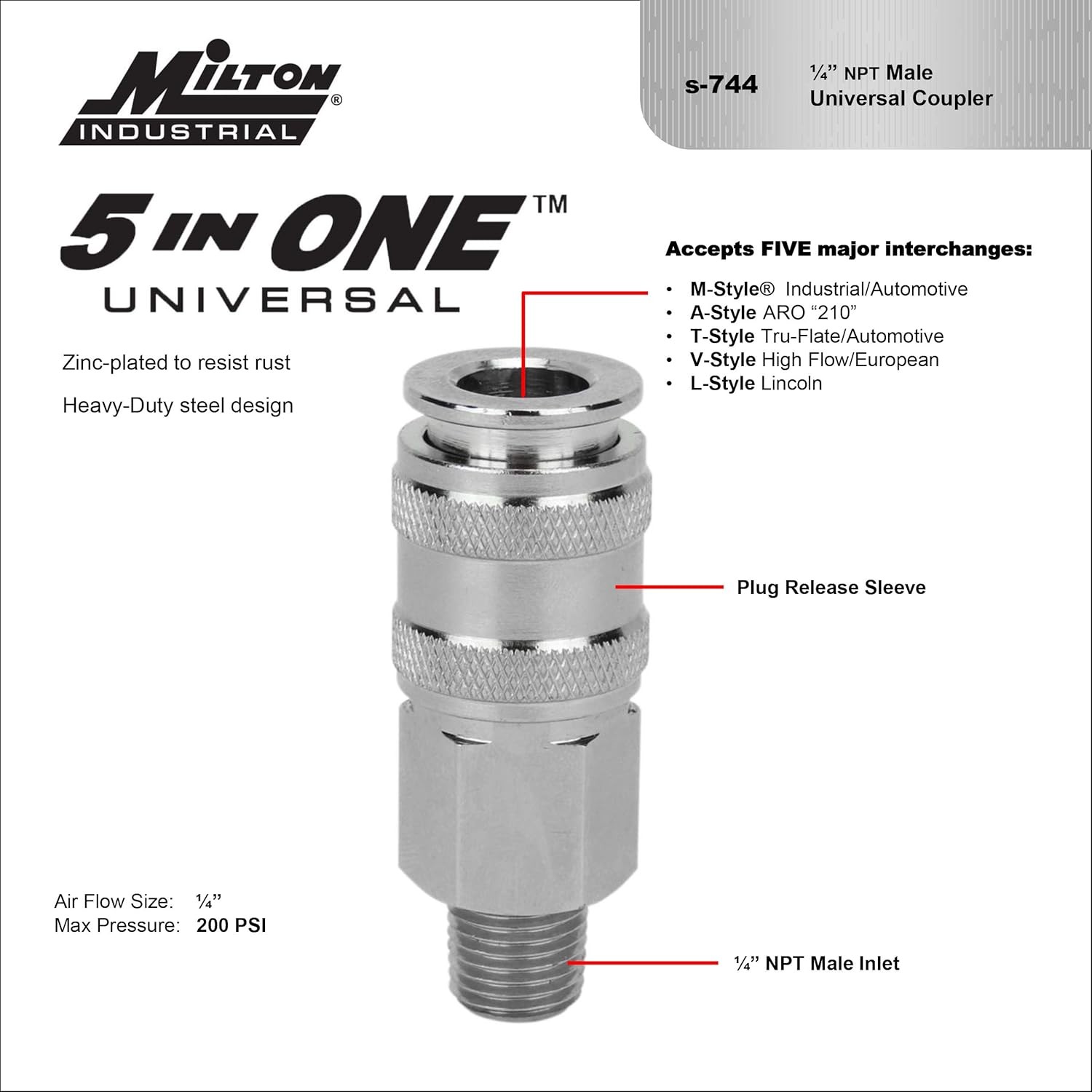 Milton 5 In ONE Universal Quick-Connect Coupler, 1/4" MNPT
