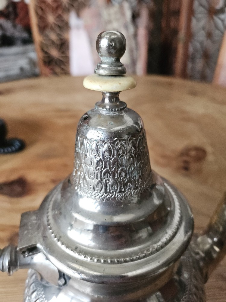 Antique Middle Eastern Moroccan Silver Plated Tea Coffee Pot Signed