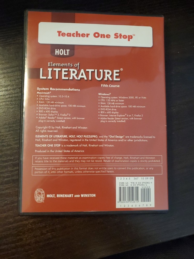 Holt Teacher One Step Elements of Literature Fifth Course PC Software