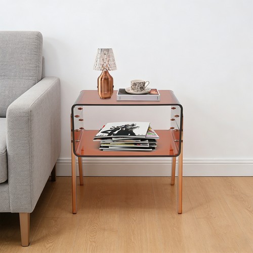 Acrylic Side Table Brown Double Shelf Open Storage End Table For Living Room
