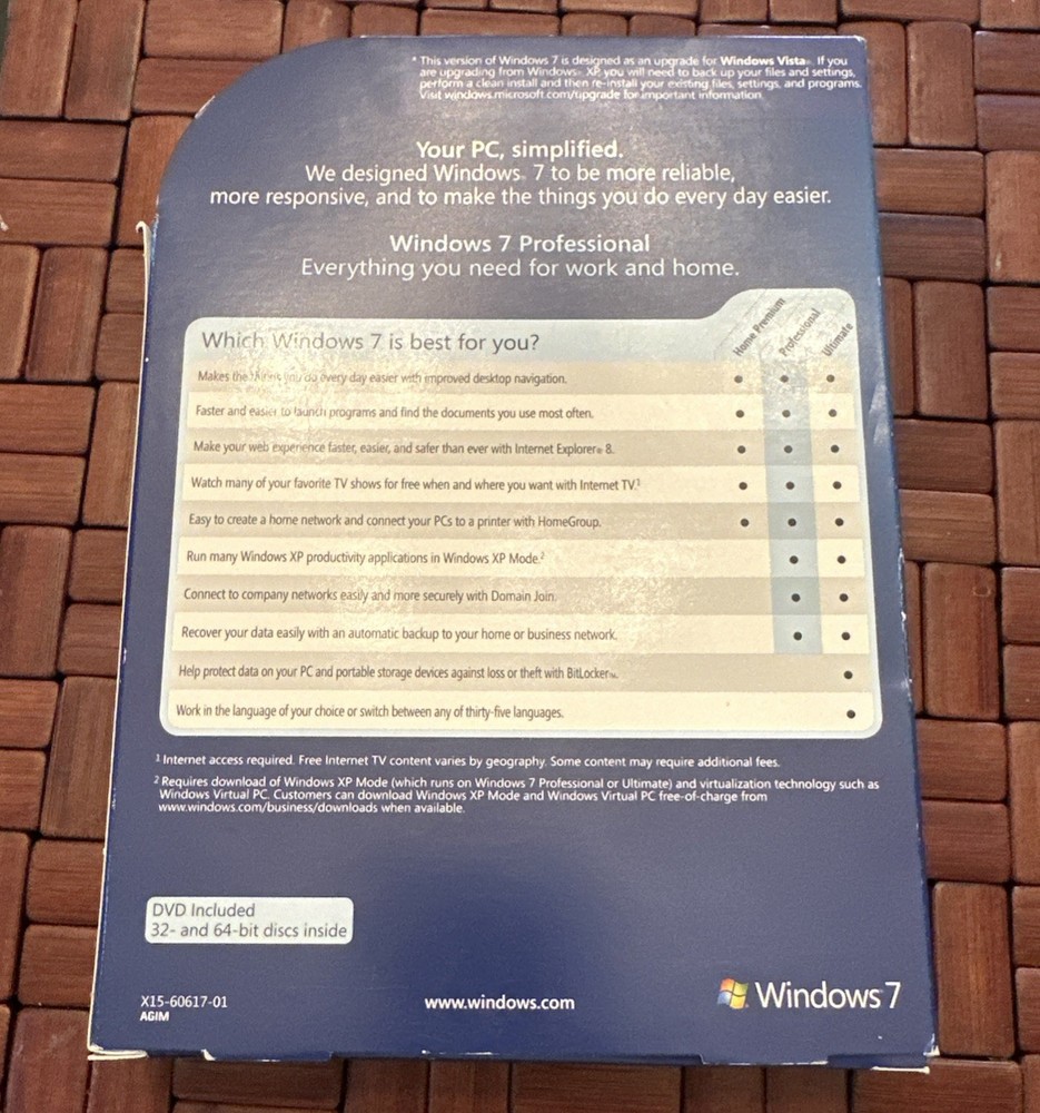 Microsoft Windows 7 Pro (UPGRADE) 32 & 64 Bit DVD Retail Box