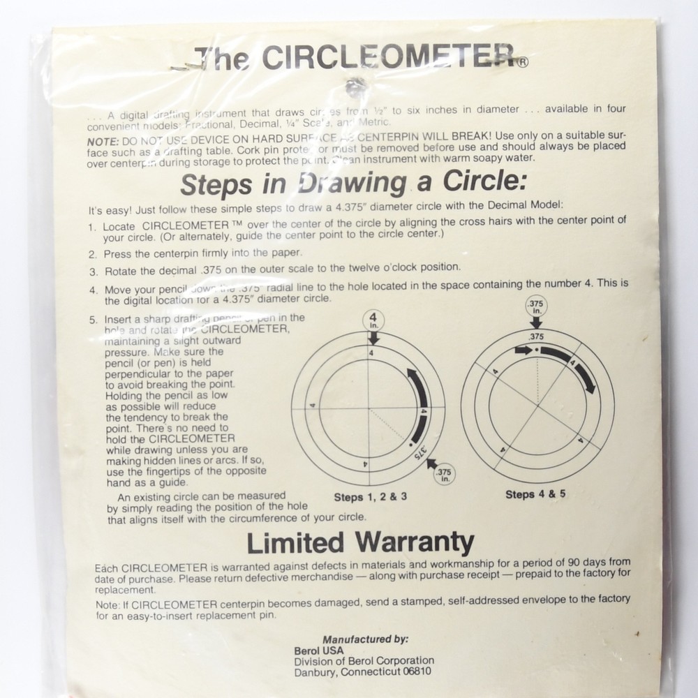 Berol CIRCLEOMETER Drafting Compass Decimal 0.25in Increments for Circle Drawing