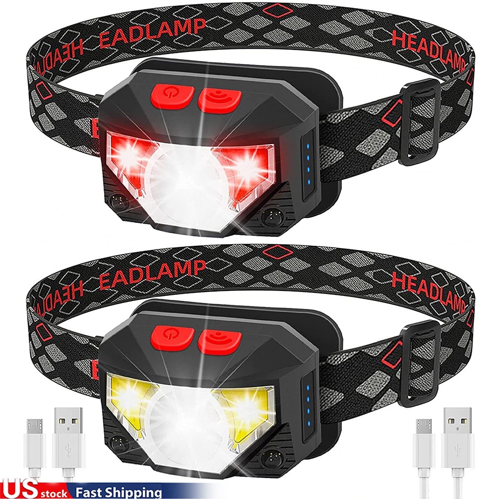2 Pack USB Headlamp Rechargeable Waterproof LED Headlight Head Light Flashlight