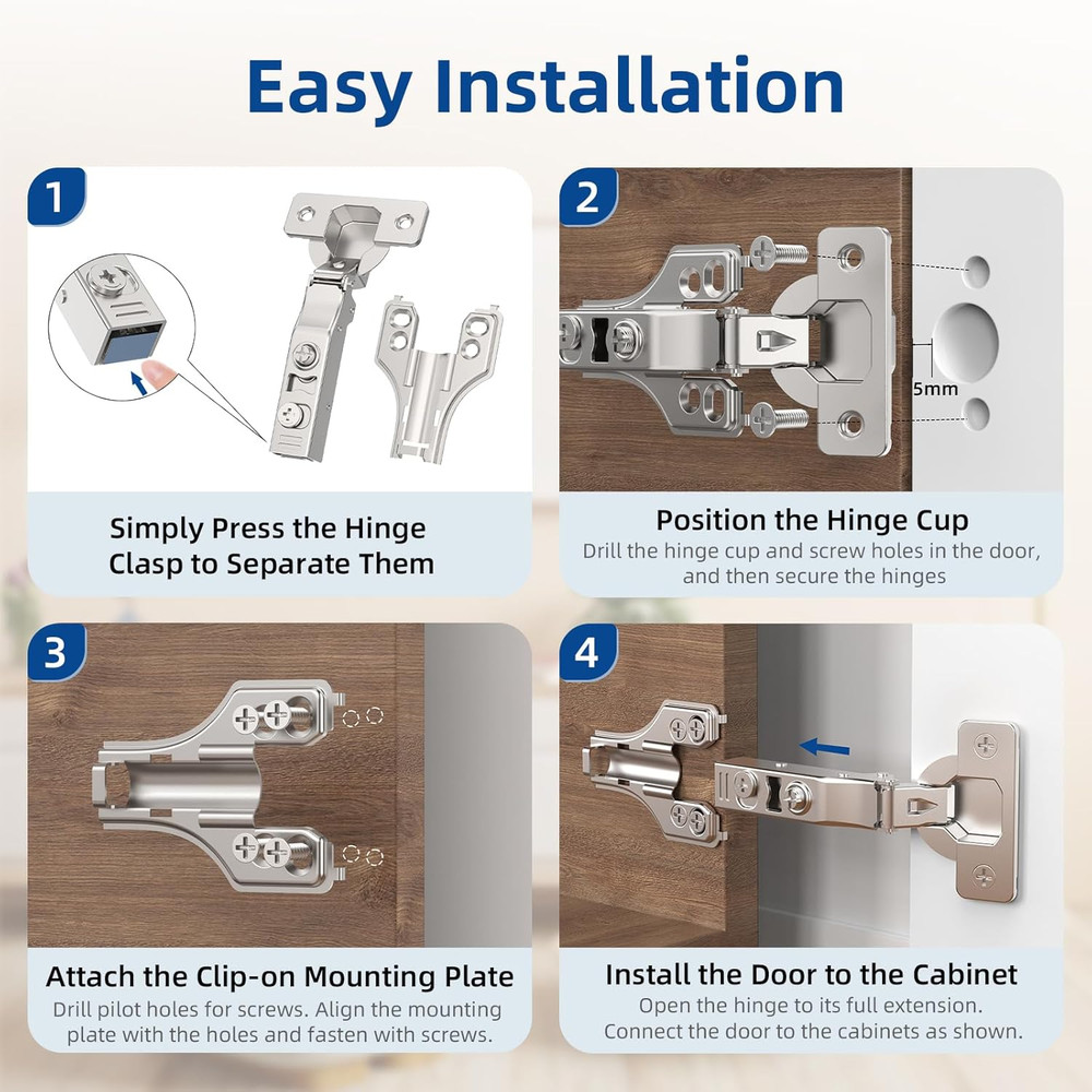 50 Pack Soft Close 3D Adjustable Concealed Hinges, Satin Nickel, 105°