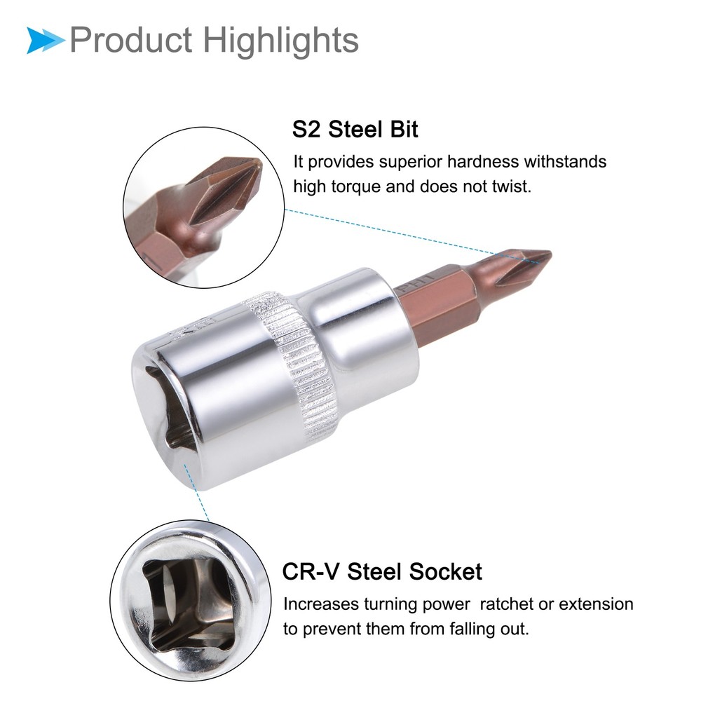 Phillips Bit Socket PH1 Bit 3/8" Drive 1.89" L S2 Alloy Steel CR-V Socket 3Pack
