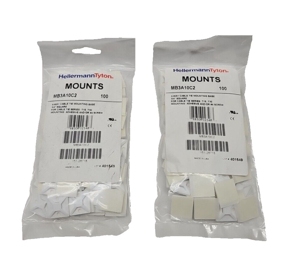 200 Each HellermannTyton 4-Way Adhesive Cable Tie Mount Rubber 3/4" MB3A10C2