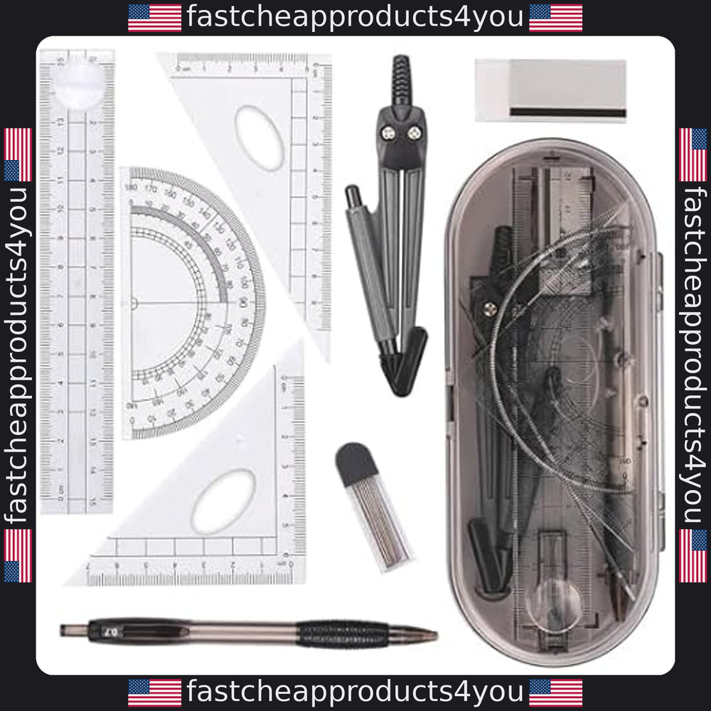 8-Piece Math Geometry Kit with Shatterproof Box & Essential Tools for Students