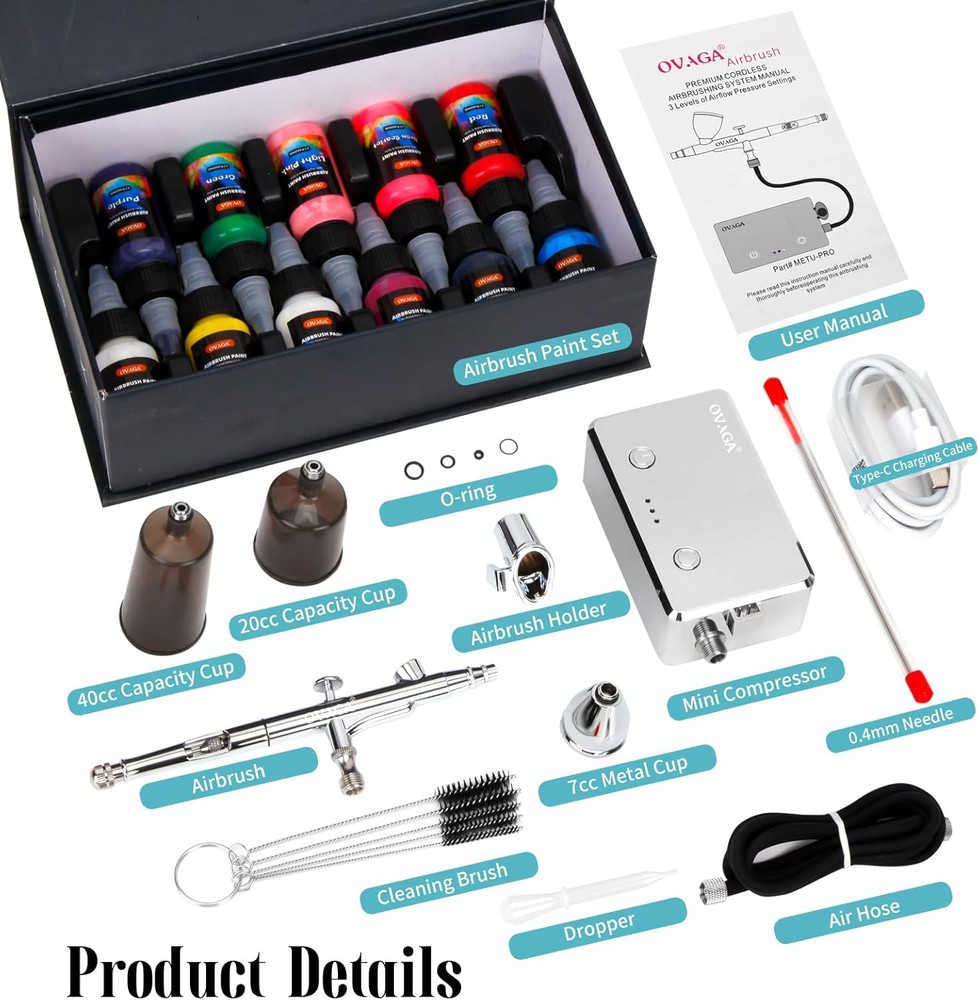OVAGA 32PSI Airbrush Kit with Compressor, Rechargeable Multi-Function Dual-Actio