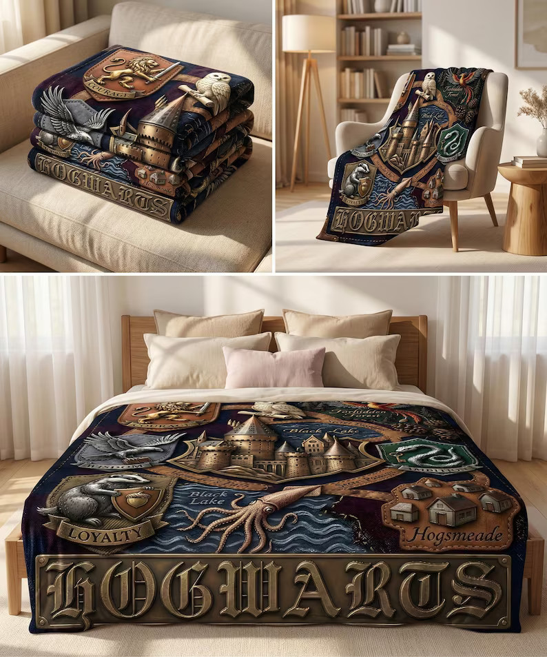 Fantasy School Crest Blanket Wizard Magic Dorm Decor Gift Throw