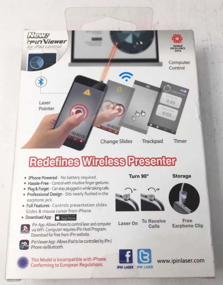 IPIN MOBILE-POWERED LASER POINTER ADD-ON PRESENTER IPHONE 6 Plus New iPin-R15101