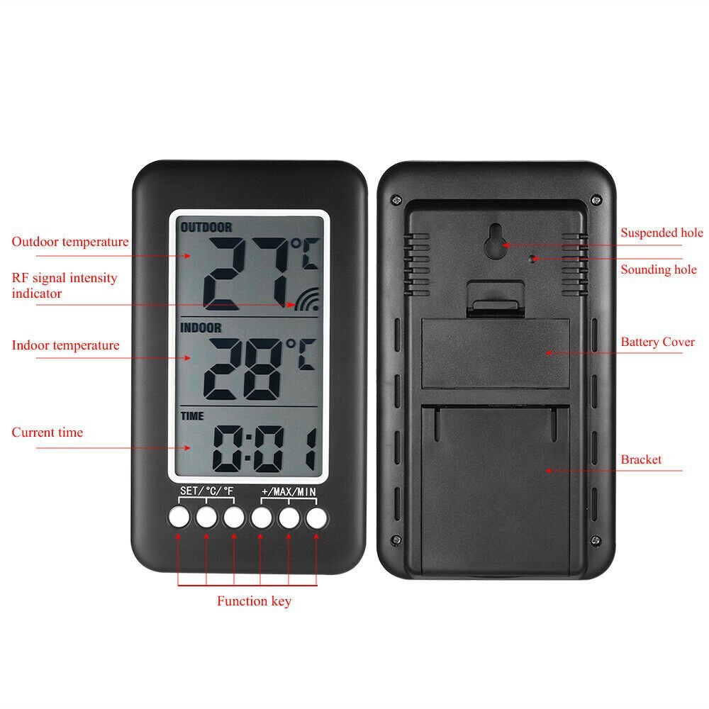 Digital Thermometer Clock Temperature Wireless Transmitter Meter In / Outdoor US