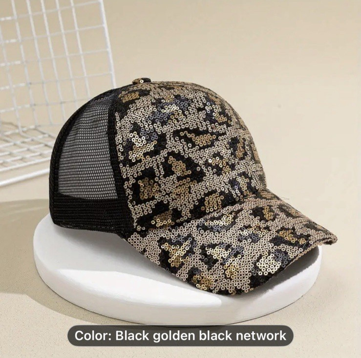 Baseball Cap Leopard Print Cap Hat Mesh, Sequins & Adjustable Back US Seller