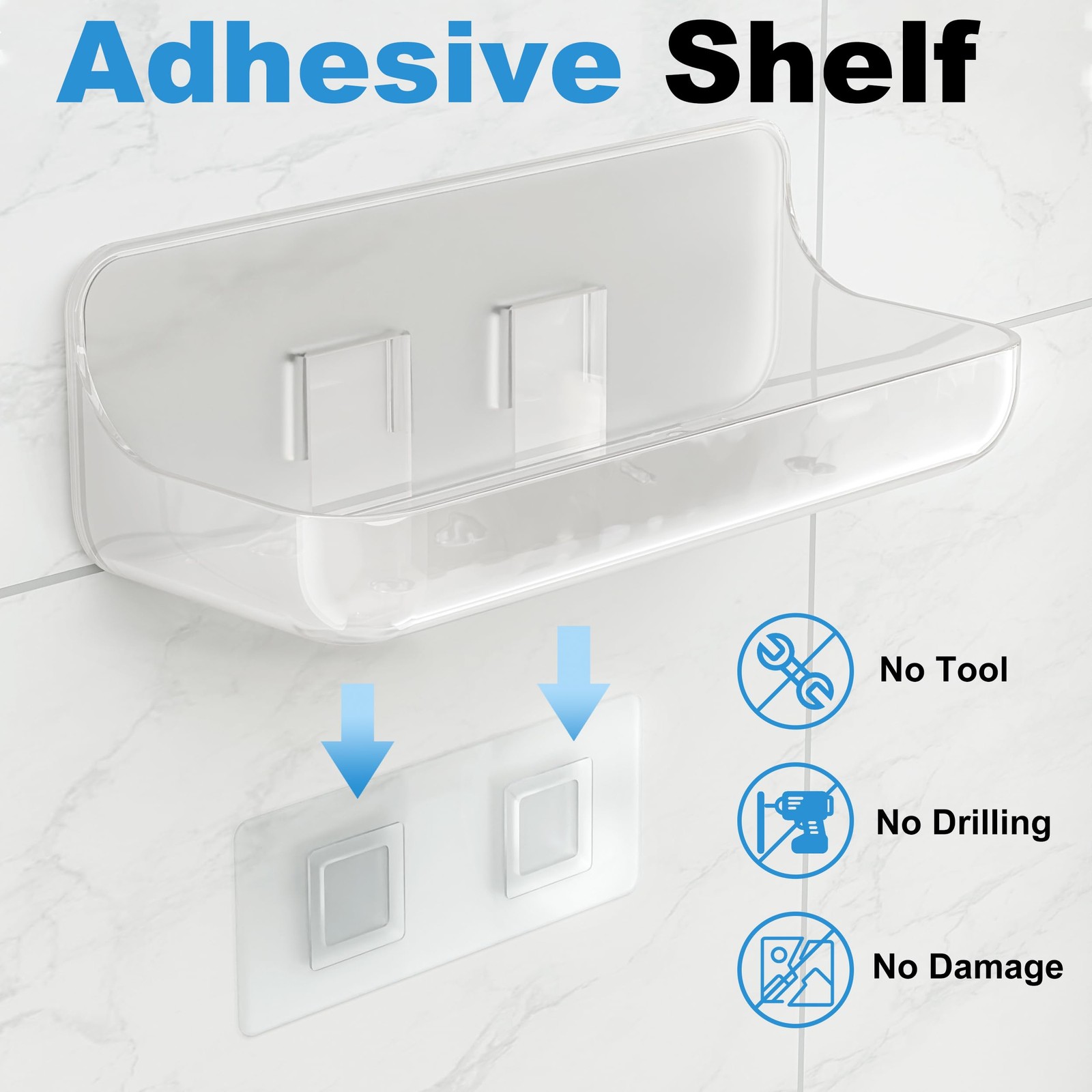 Kawfle Adhesive Shower Caddy, 2 Pack Acrylic Bathroom Shelves, No Drill Wall