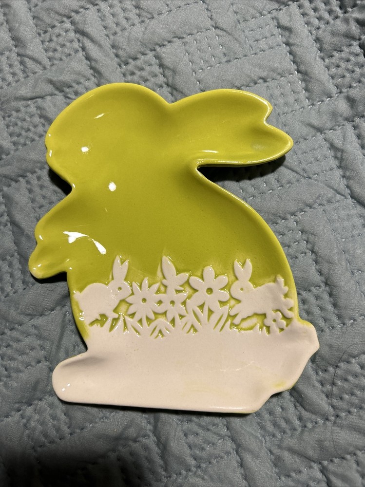 Easter Ceramic Bunny Spring Plate Green 7” Trinket