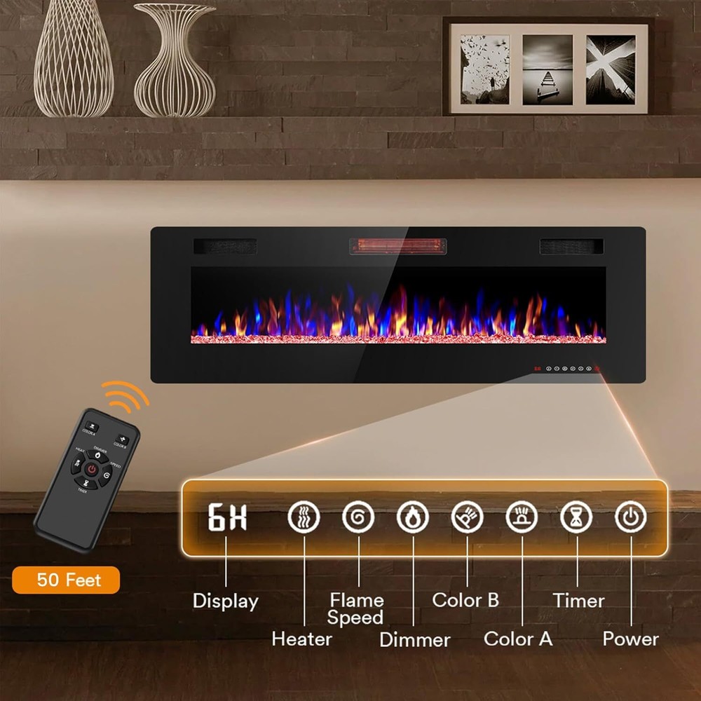 50 Inch Electric Fireplace Inserts, in-Wall Recessed & Wall Mounted,Remote&Timer