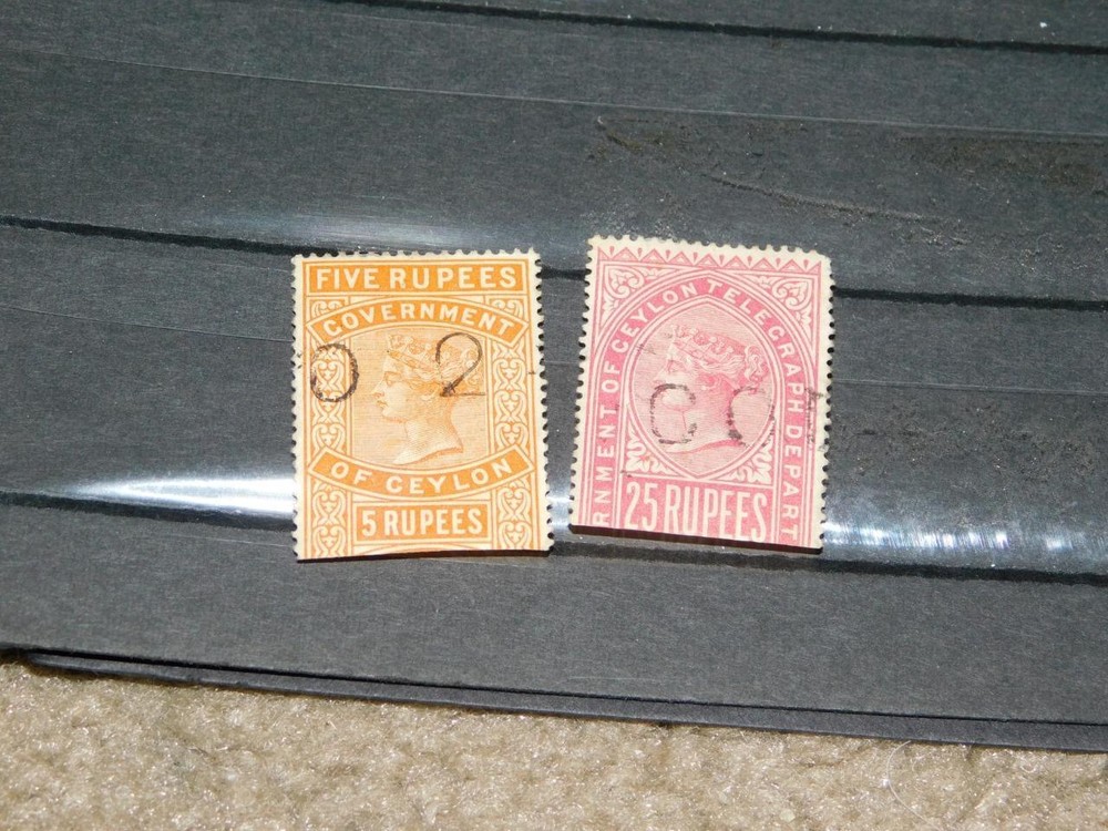 CEYLON, TELEGRAPH STAMPS FIVE RUPEES & 25 RUPEES
