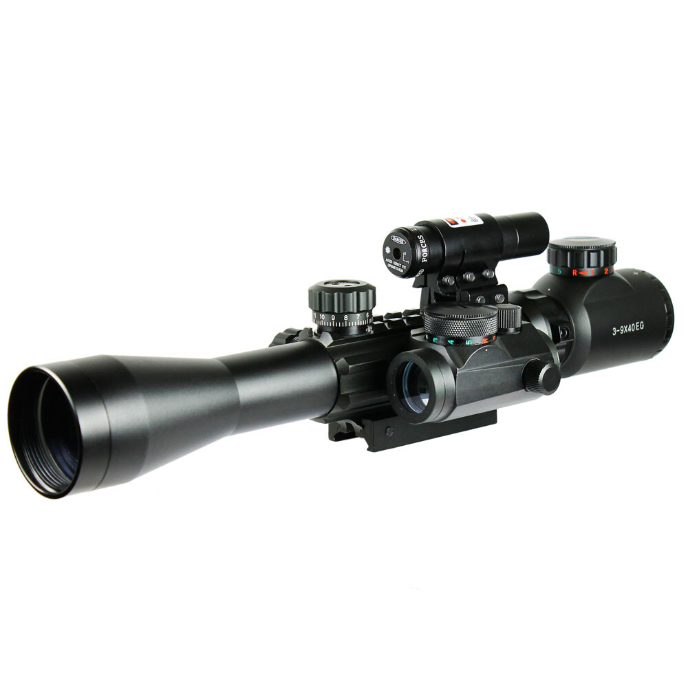 3-9X40 illuminated Rifle Scope + Red Laser Sight + Dot Sight with Rail Riser