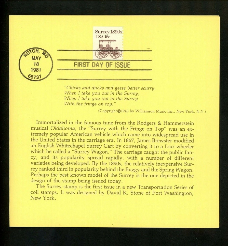 US FDC #1907 USPS Ceremony Program 1981 Notch MO Surrey