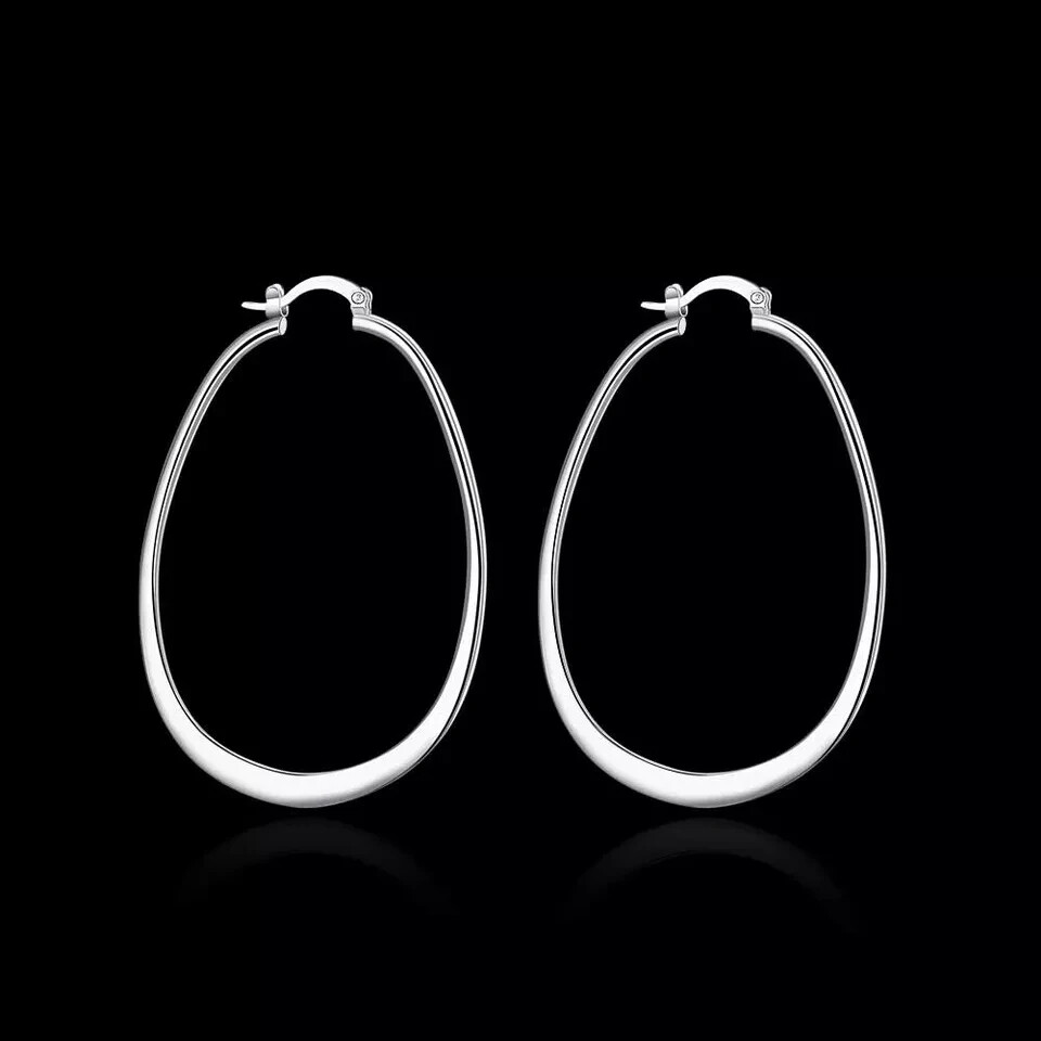 2x Womens 925 Sterling Solid Silver Elegant Oval Shaped Extra Large Hoop Earring