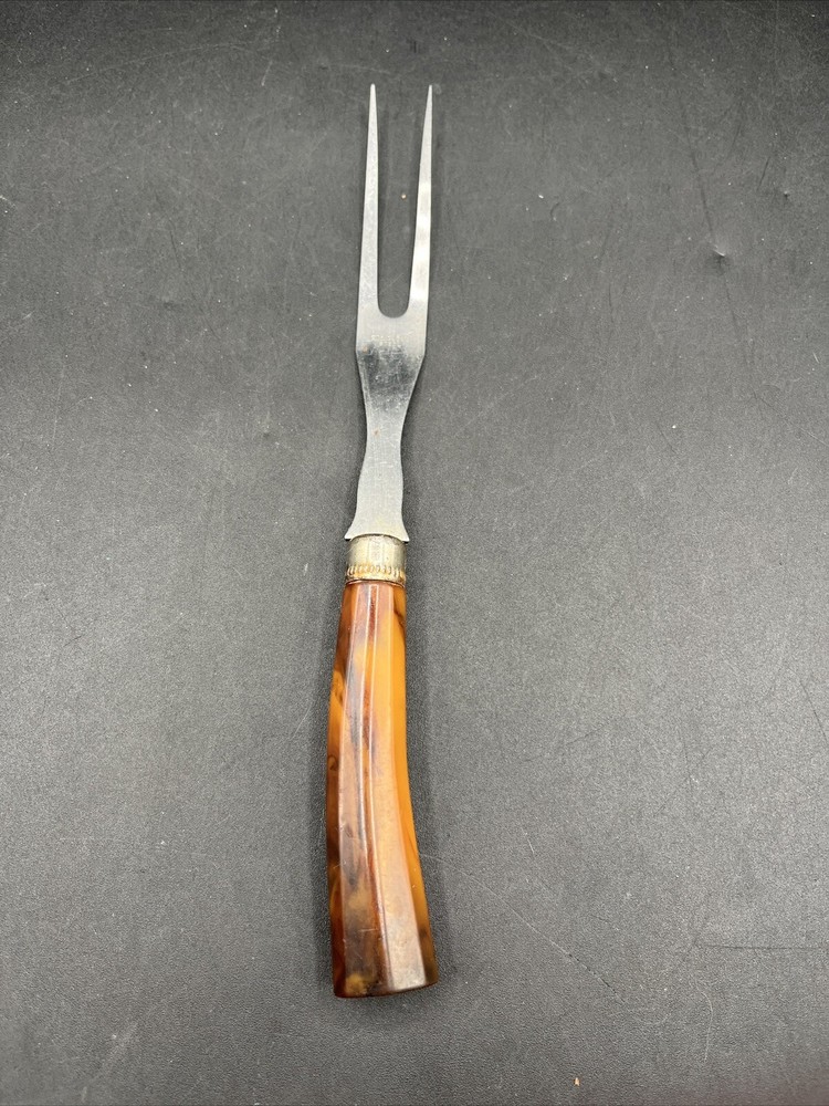 VINTAGE Meat Serving Fork marbled Bakelite style Handle, MCM Stainless Steel