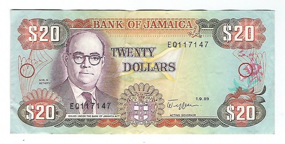 Jamaica - Twenty (20) Dollars,  1989